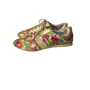Coach Womens Gold Sneakers With Floral Pattern Leather/Satin Size 8
